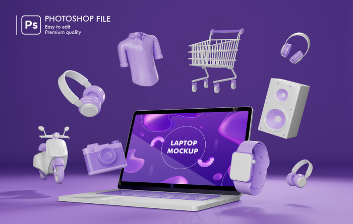 围绕笔记本电脑三维渲染的网上购物对象psd模版下载