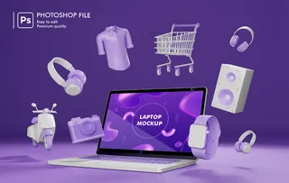 围绕笔记本电脑三维渲染的网上购物对象