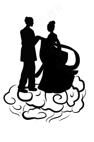 卡通七夕节牛郎织女人物剪影素材