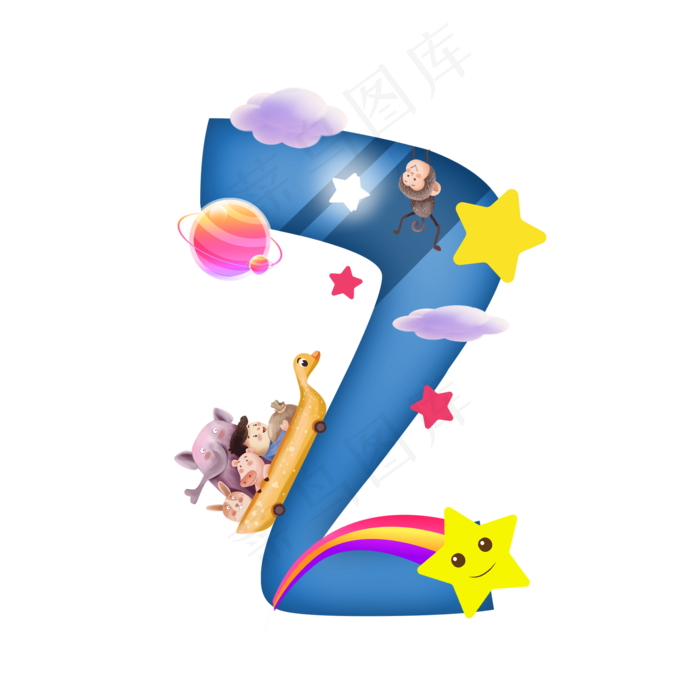 卡通蓝色星空坐车的小男孩儿童节数字2