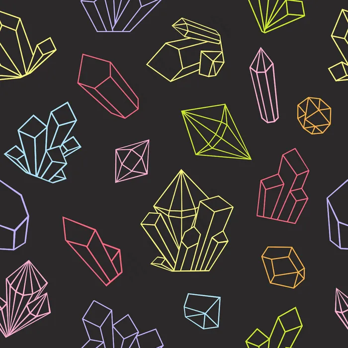 以线条艺术风格绘制的图形水晶。无缝图案。成人彩色书页。明亮的颜色在黑色的背景上。eps,ai矢量模版下载