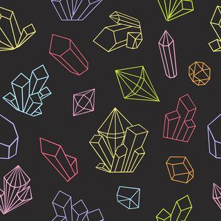 以线条艺术风格绘制的图形水晶。无缝图案。成人彩色书页。明亮的颜色在黑色的背景上。
