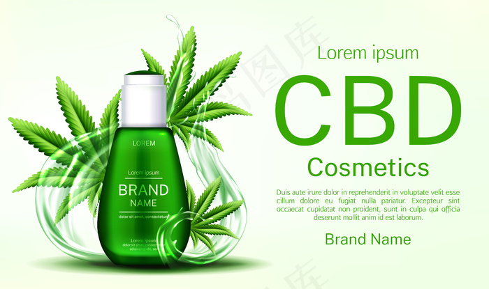 Cbd化妆品瓶上有泼水和大麻叶横幅banner