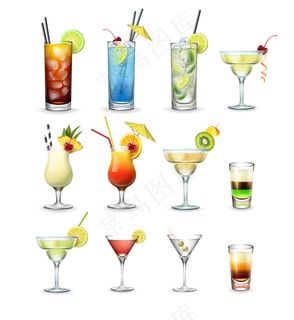 向量集流行的鸡尾酒和镜头古巴自由，蓝色泻湖，莫吉托，玛格丽塔，品那可乐，龙舌兰日出，世界主义，马提尼孤立的白色背景
