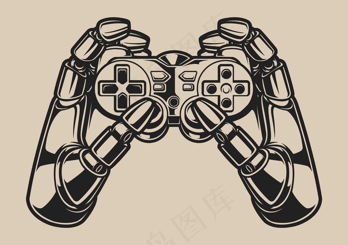 黑白插图与机器人手和游戏操纵杆上的白色