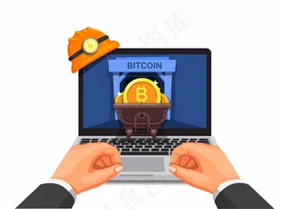 手用笔记本电脑加密货币挖掘商业漫画
