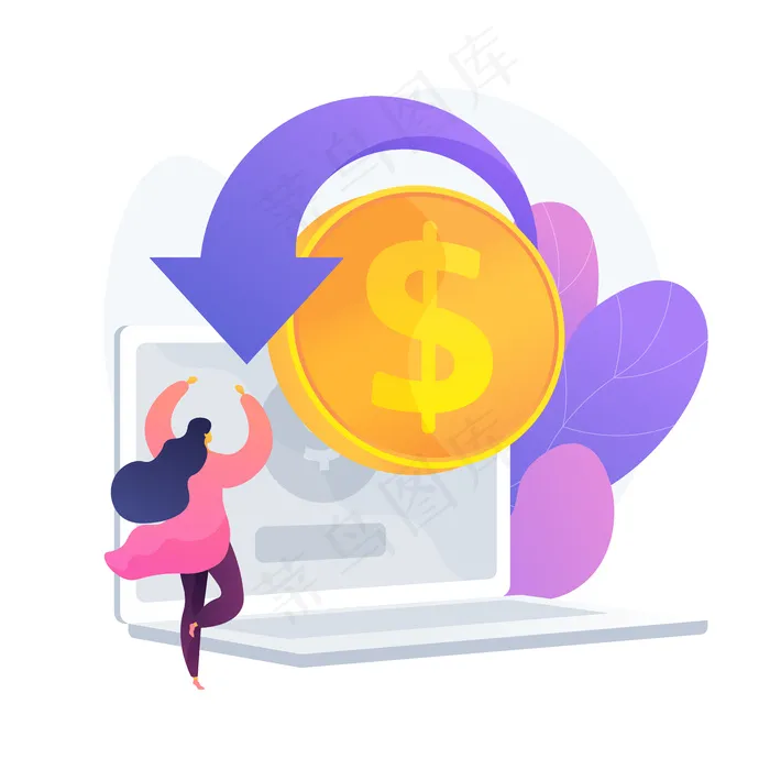电子购物卡通网页图标。网上商店，现金返还服务，退款。财务退款的想法。投资回报。互联网收入。向量孤立概念隐喻图解