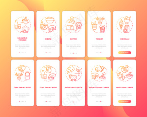 乳制品行业红色登船红色手机app移动应用程序app页面屏幕与概念集。