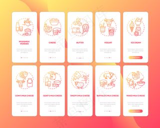 乳制品行业红色登船红色手机app移动应用程序app页面屏幕与概念集。