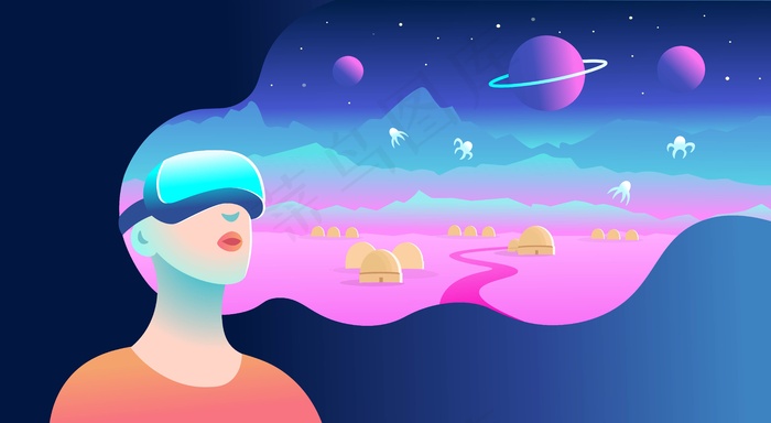 戴着虚拟现实护目镜看宇宙风景的女人。插图eps,ai矢量模版下载