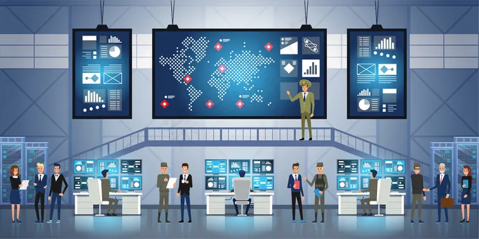 *监察机构和军方联合行动。在系统控制中心工作的人员和军队。eps,ai矢量模版下载