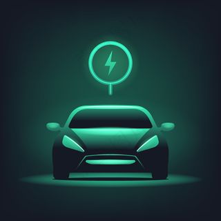 电动汽车与绿色发光在深色背景上。
