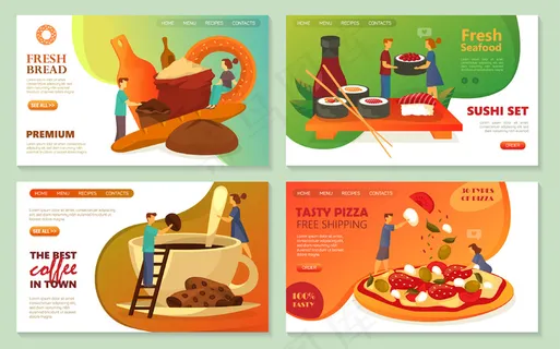 比萨饼，寿司吧交付网页横幅banner，面包和糕点糖果在线商店登录页模板。