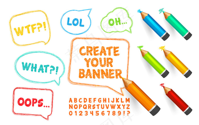 语音泡泡，铅笔和涂鸦字体。一套涂鸦横幅banner、蜡笔和带数字的字母表eps,ai矢量模版下载