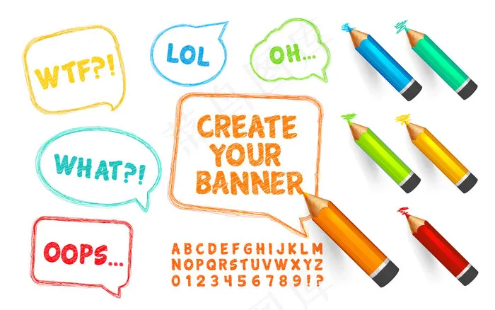 语音泡泡，铅笔和涂鸦字体。一套涂鸦横幅banner、蜡笔和带数字的字母表