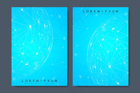 小册子、封面、宣传单,DM传单、年度报告、传单的业务矢量模板。具有分子结构的最小抽象成分。未来的几何模板。科学、医学、技术背景。