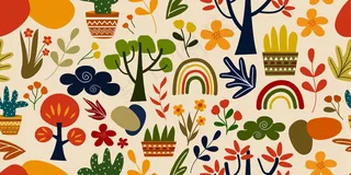 丰富多彩的现代手绘插图涂鸦抽象水平花卉和植物收集无缝模式