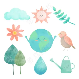 带环境设置图标的水彩画