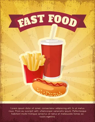 快餐构图海报模板配薯条、苏打水和热狗