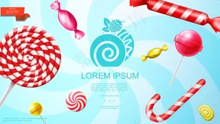 真实的糖果产品模板，放射状背景插图上有彩色棒棒糖、棒棒糖、果酱、糖果棒