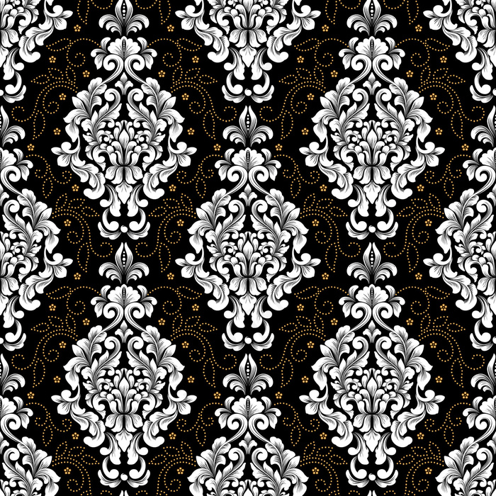 矢量锦缎无缝图案背景。古典奢华的老式锦缎装饰，皇家维多利亚无缝纹理壁纸，纺织品，包装。