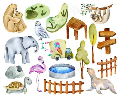 水彩动物收藏，具有动物园的元素和属性