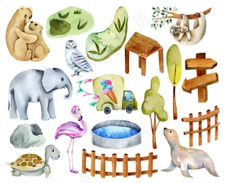 水彩动物收藏，具有动物园的元素和属性