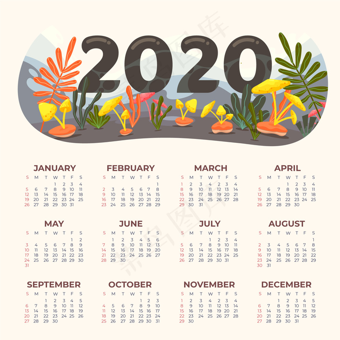 自然2020日历模板eps,ai矢量模版下载