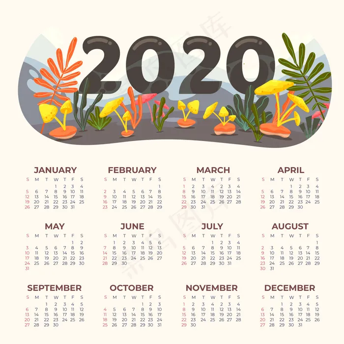 自然2020日历模板eps,ai矢量模版下载