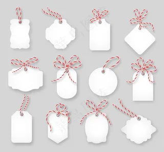价格标签和礼品卡捆绑绳弓集。标签纸，销售设计，串结，矢量插图