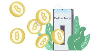 比特币区块链加密货币概念。加密货币金币以树叶为背景，以简约的设计从手机中脱颖而出。