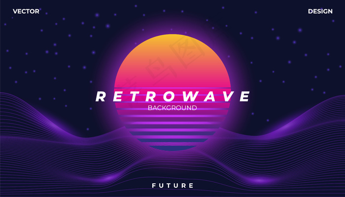 Retrowave赛博霓虹背景景观80年代风格。