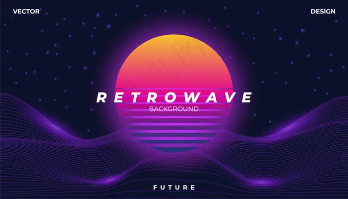 Retrowave赛博霓虹背景景观80年代风格。eps,ai矢量模版下载