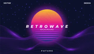 Retrowave赛博霓虹背景景观80年代风格。