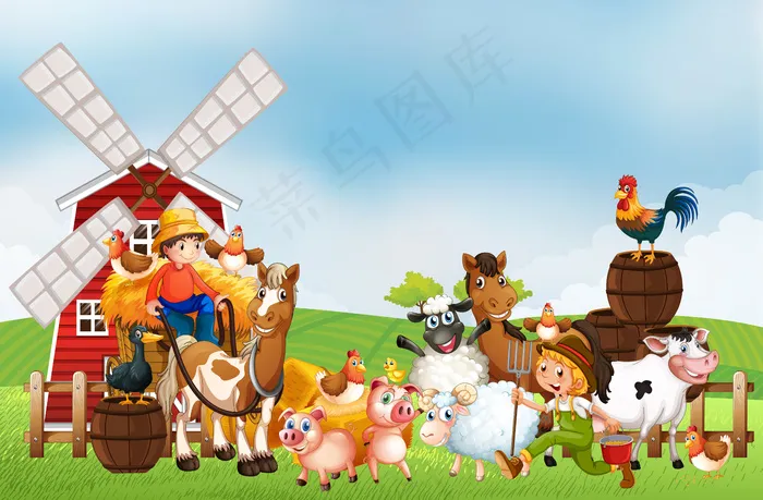 自然场景中的农场，带风车和动物农场