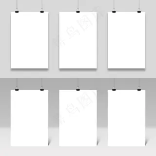 海报模型样机挂在回形针上。现实海报框架模板集。带活页夹的白纸板。文具配件，办公用品。空白布告集
