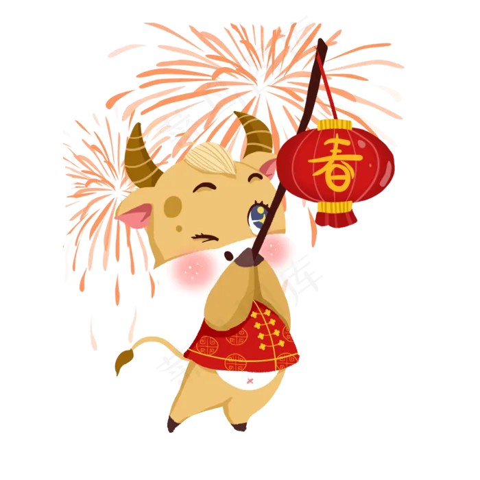 2021春节新年牛年举灯笼的小牛(2000X2000(DPI:299))psd模版下载