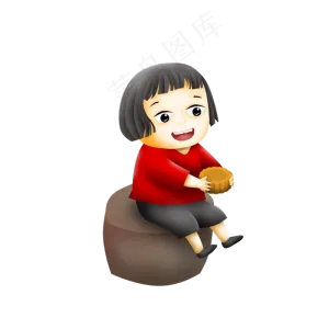 小女孩坐在凳子上面吃月饼 