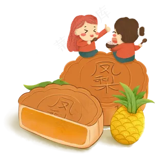 中秋节女孩坐在月饼吃月饼素材