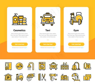 酒店服务图标集的入职应用程序屏幕