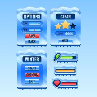 一套gui冬季圣诞板菜单弹出窗口和图标栏的游戏用户界面资产元素