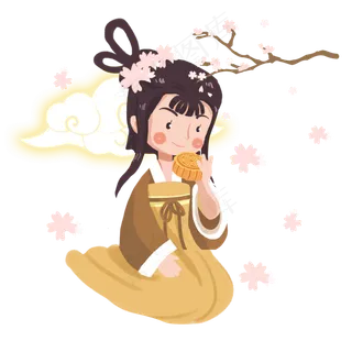 中秋吃月饼赏花女孩png素材