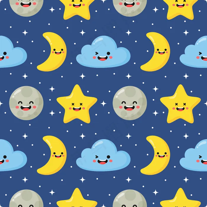 天衣无缝的星星，月亮和云。蓝色背景上的卡瓦伊壁纸。eps,ai矢量模版下载