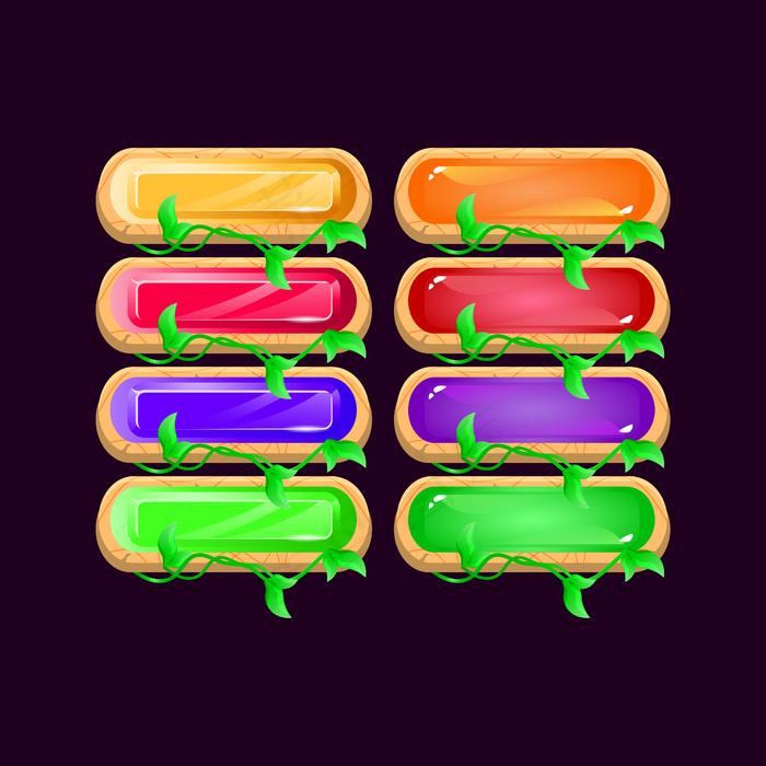 一套游戏圆形木叶钻石和果冻彩色按钮