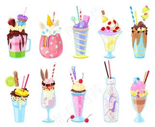 奶昔矢量健康冰淇淋饮料在玻璃或新鲜牛奶饮料混合在瓶子插图一套冰淇淋果汁在玻璃或罐子隔离在白色背景上