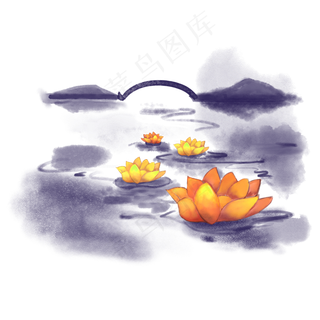 中国风古典水墨河流荷花小桥风景