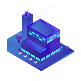 2.5D蓝色互联网分支建筑元素,免抠元素