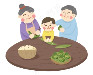 端午节爷爷奶奶教孩子包粽子