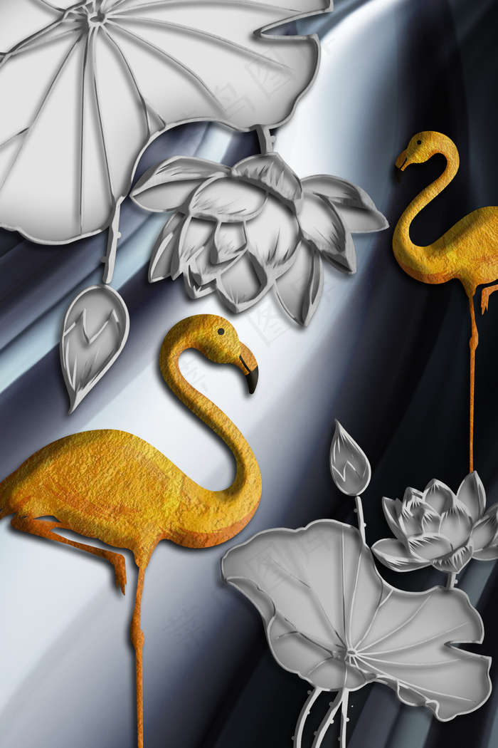 烁金风仙鹤荷花黑金简约装饰画(2362X3543(DPI:300))psd模版下载