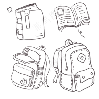 卡通手绘涂鸦线条书本书包简笔画,免抠元素